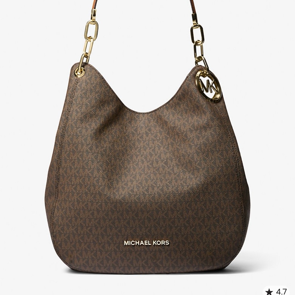 Michael Kors Lillie Large signature logo Brown Shoulder Bag with Gold Chains - Picture 2 of 8